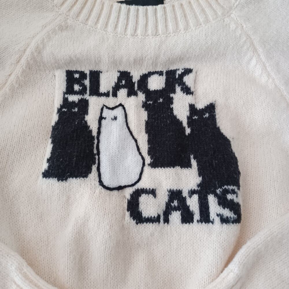 Cider Sweater Black Cats Preppy Cropped Size M Beige - Picture 3 of 7